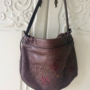 Malatesta Embroidered Italian Brown Leather Shoulder Bag with Floral Accents